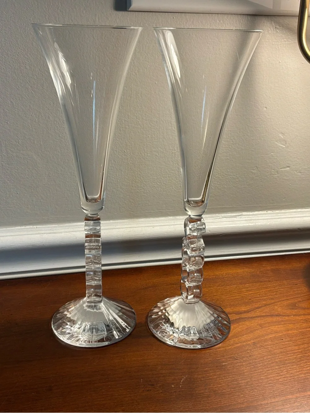 Two Cristal D’Arques Clear Champagne Flutes with Sculpted Loop Stem from 2000